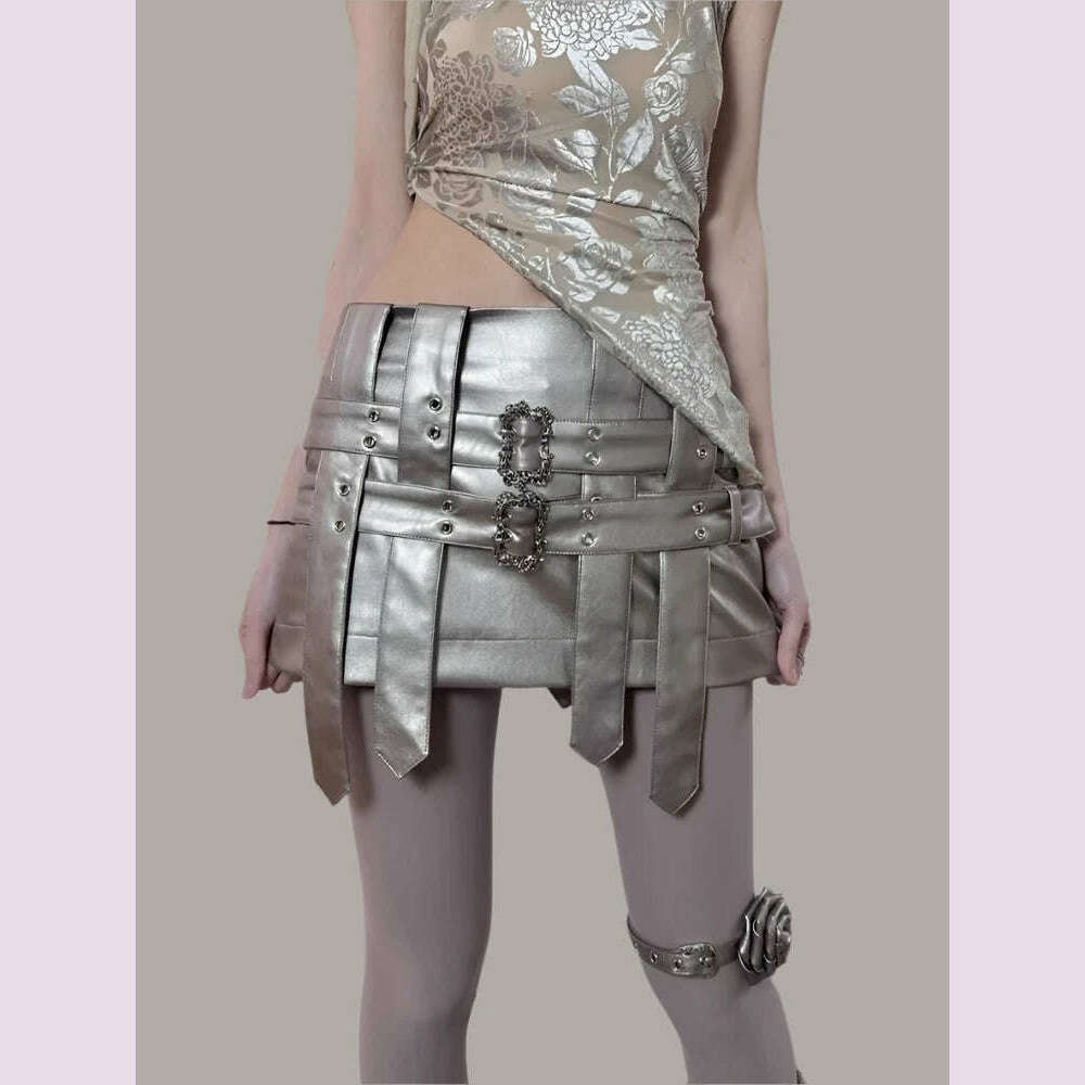 Lautaro Spring Autumn Cool Silver Pu Leather Mini Skirt Women Belt Low Waist Retro Sexy Luxury Designer Emo Gyaru Clothes 2023 - KIMLUD