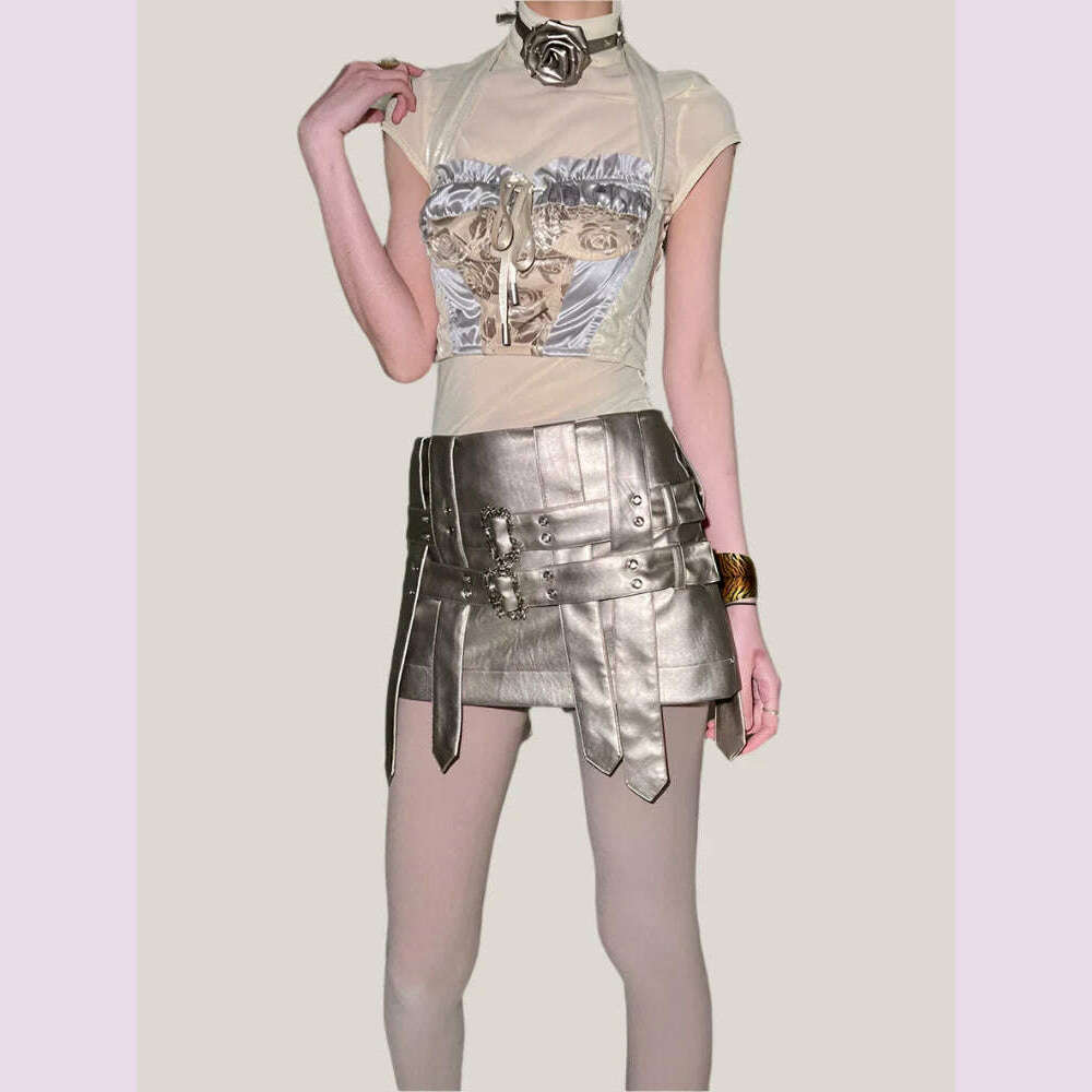 Lautaro Spring Autumn Cool Silver Pu Leather Mini Skirt Women Belt Low Waist Retro Sexy Luxury Designer Emo Gyaru Clothes 2023 - KIMLUD