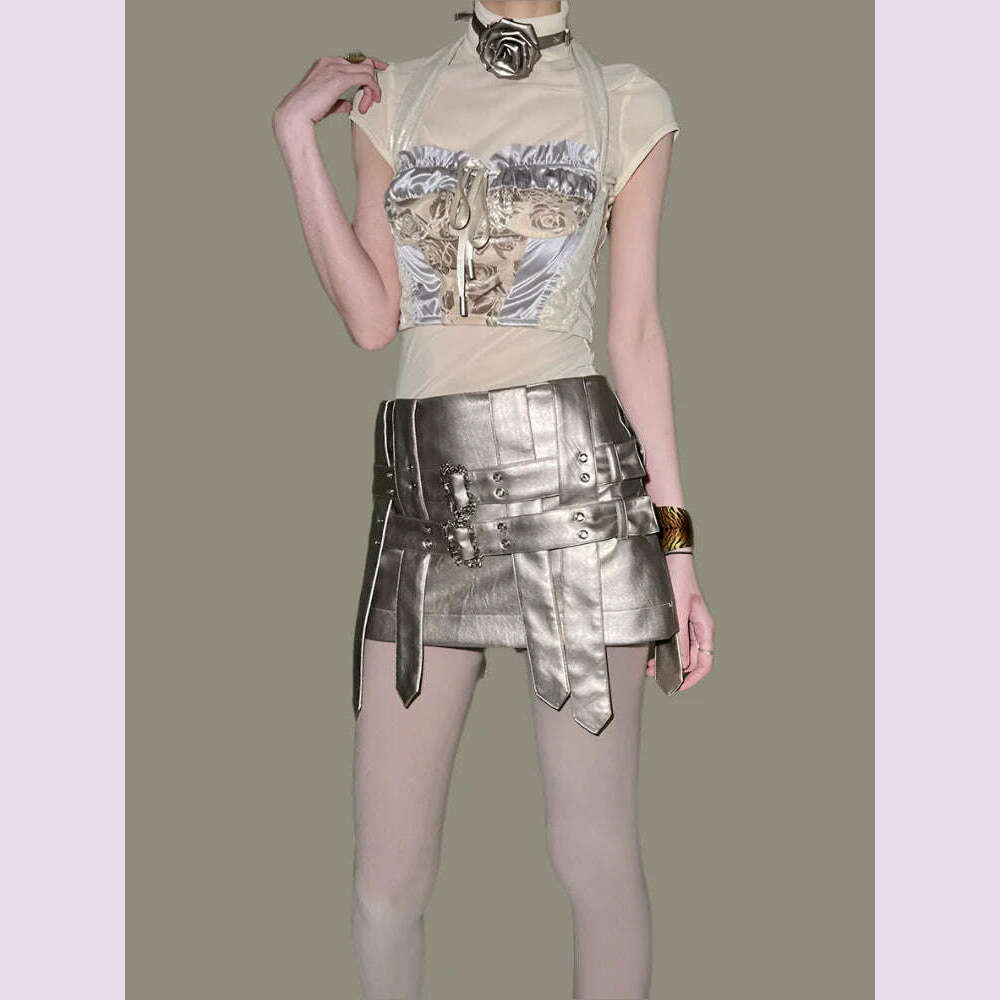 Lautaro Spring Autumn Cool Silver Pu Leather Mini Skirt Women Belt Low Waist Retro Sexy Luxury Designer Emo Gyaru Clothes 2023 - KIMLUD
