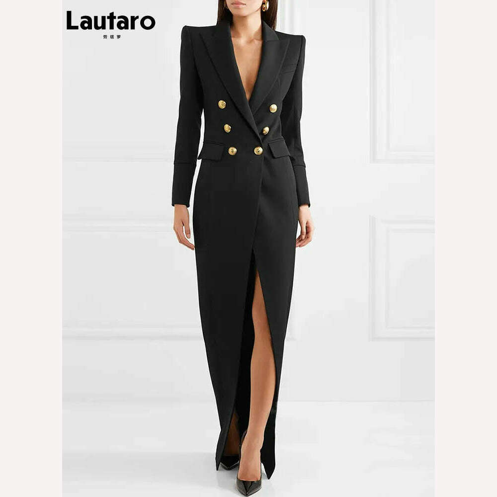 KIMLUD, Lautaro Spring Autumn Extra Long Black Floor Length Trench Coat for Women Slim Fit Double Breasted Luxury Elegant Fashion 2022, KIMLUD Womens Clothes