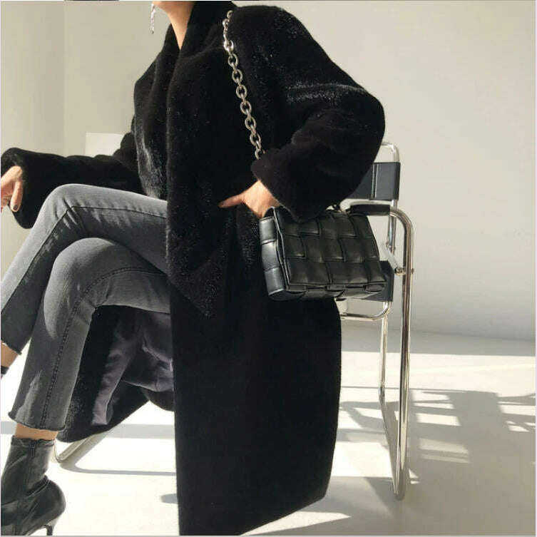 KIMLUD, Lautaro Winter Long Black Luxury Elegant Stylish Thick Warm Fluffy Hairy Soft Faux Mink Fur Coat Women Stand Collar Sashes 2023, KIMLUD Womens Clothes