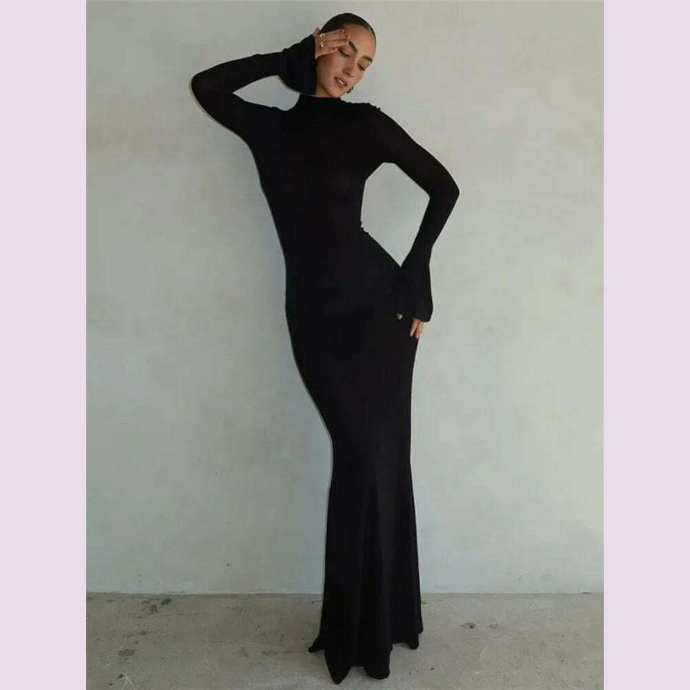 KIMLUD, Laxsesu Backless Sexy Maxi Dress Women's Long Sleeve Bodycon Black Autumn Dress Elegant Party Evening Dresses for Women 2023, KIMLUD Womens Clothes