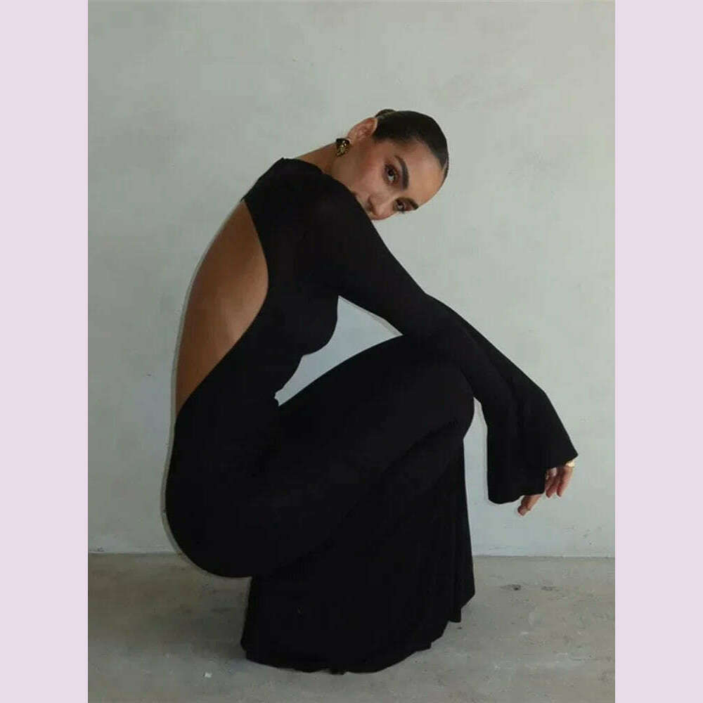 KIMLUD, Laxsesu Backless Sexy Maxi Dress Women's Long Sleeve Bodycon Black Autumn Dress Elegant Party Evening Dresses for Women 2023, KIMLUD Womens Clothes