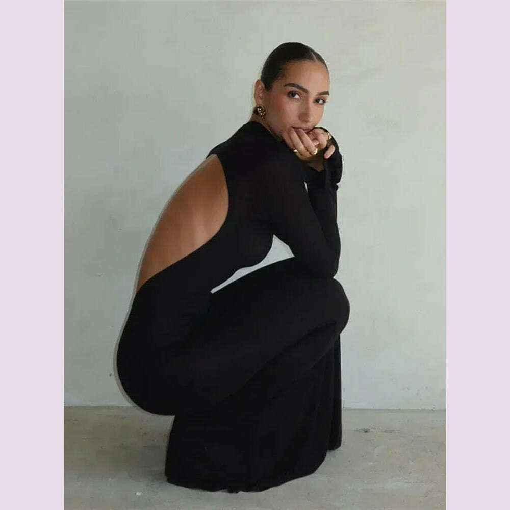 KIMLUD, Laxsesu Backless Sexy Maxi Dress Women's Long Sleeve Bodycon Black Autumn Dress Elegant Party Evening Dresses for Women 2023, KIMLUD Womens Clothes