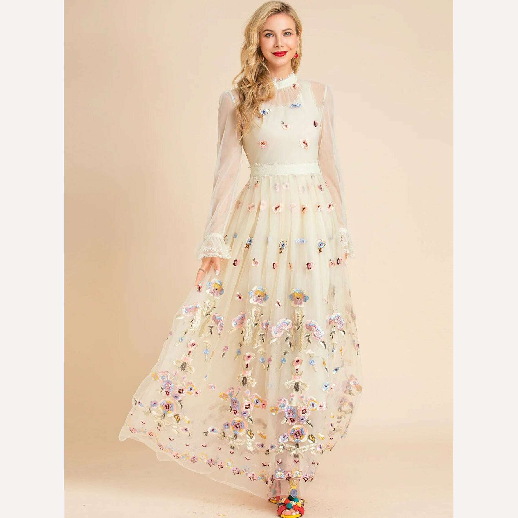 KIMLUD, LD LINDA DELLA 2022 Summer Runway Maxi Vintage Party Dress Women's Stand collar Flare Sleeve Mesh Flowers Embroidery Long Dress, KIMLUD Women's Clothes