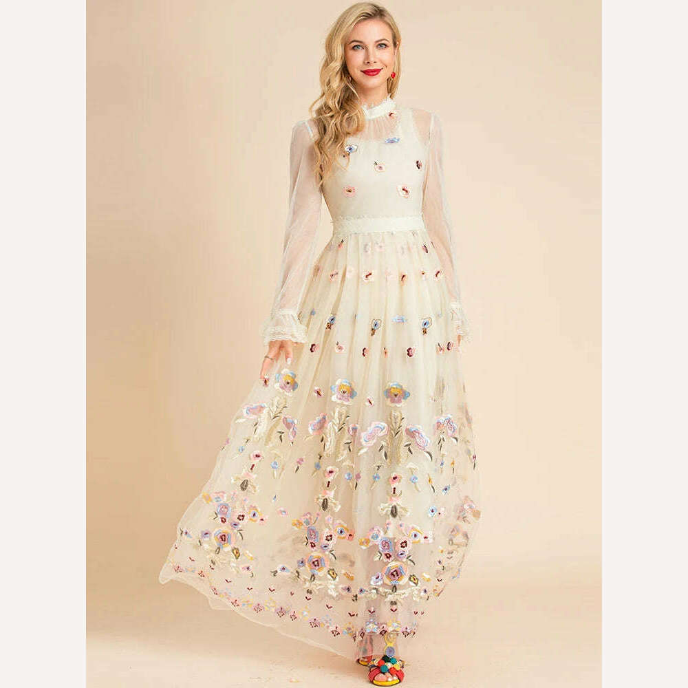 KIMLUD, LD LINDA DELLA 2022 Summer Runway Maxi Vintage Party Dress Women's Stand collar Flare Sleeve Mesh Flowers Embroidery Long Dress, yellow / S / China, KIMLUD APPAREL - Womens Clothes