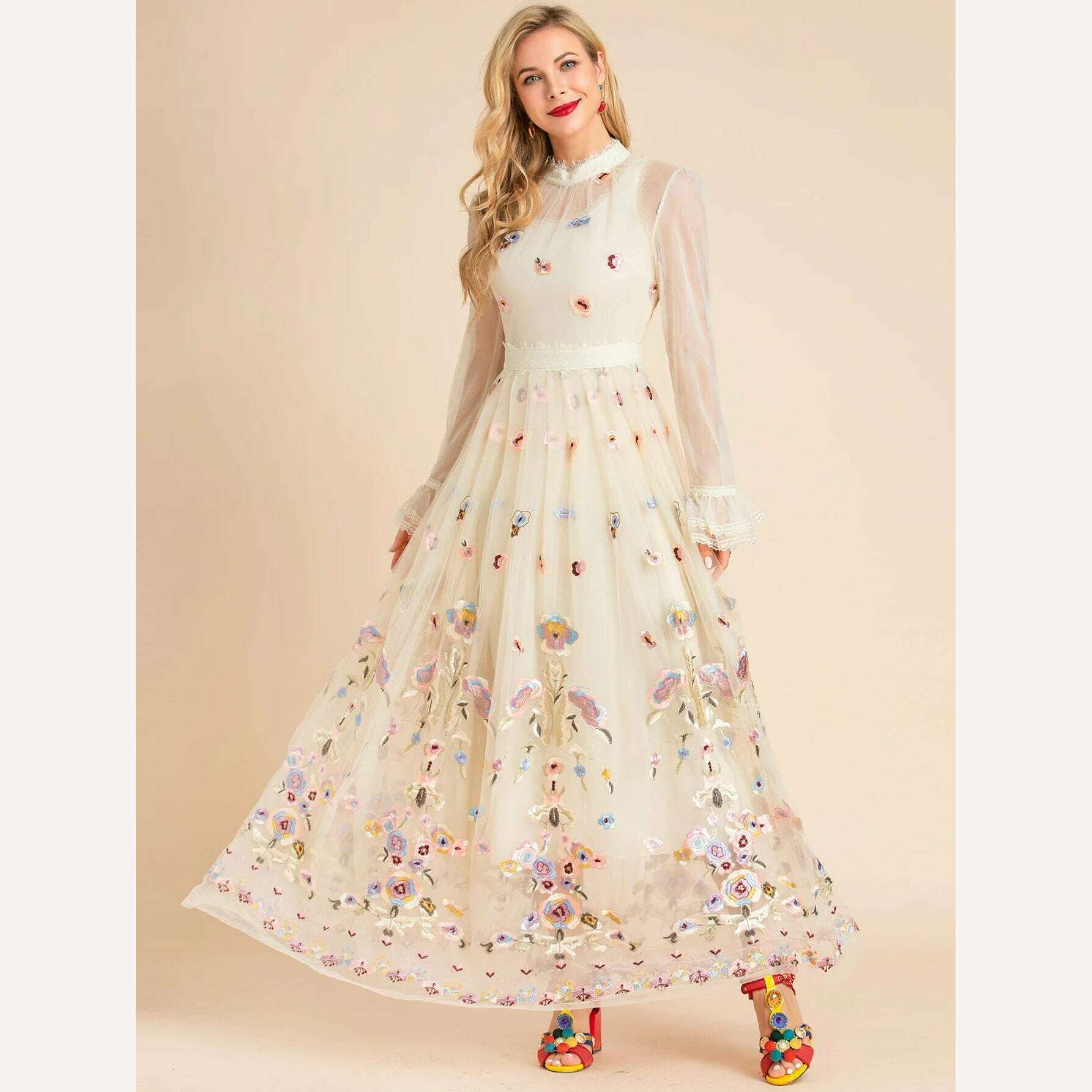 KIMLUD, LD LINDA DELLA 2022 Summer Runway Maxi Vintage Party Dress Women's Stand collar Flare Sleeve Mesh Flowers Embroidery Long Dress, KIMLUD Womens Clothes