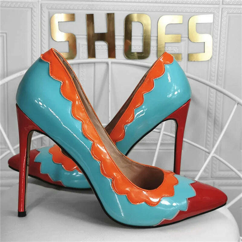 KIMLUD, Leather Mixed Color Pointed Toe Super High Heels Women Pumps Slip On Pumps Leather Sewing New Fashion Sexy Casual Ladies Shoes, Blue / 36, KIMLUD APPAREL - Womens Clothes