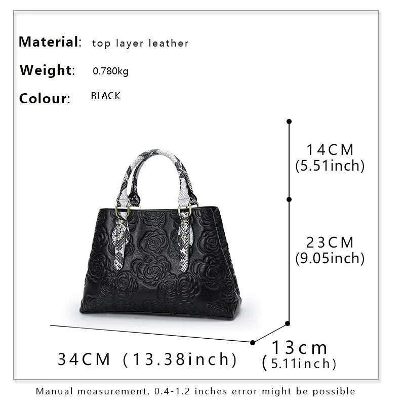 Leather women's bag embossed hand bag large capacity top cowhide one-shoulder cross-body bag - KIMLUD