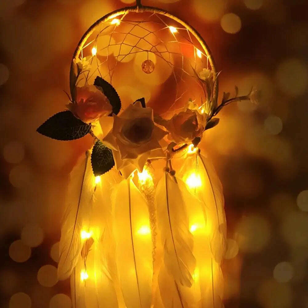 KIMLUD, LED Light Dream Catcher Handmade Deamcatcher Feathers Wall Hanging Decoration Romantic Valentine's Day Gift for Girlfriend, KIMLUD Womens Clothes