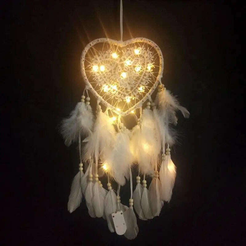 KIMLUD, LED Light Dream Catcher Handmade Deamcatcher Feathers Wall Hanging Decoration Romantic Valentine's Day Gift for Girlfriend, KIMLUD Womens Clothes
