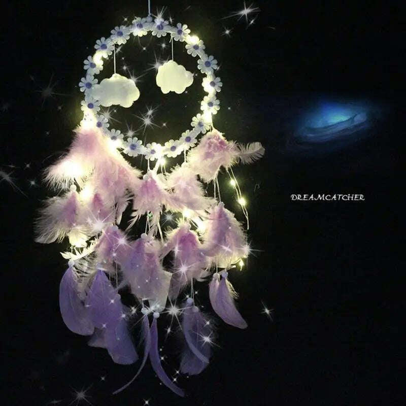 KIMLUD, LED Light Dream Catcher Handmade Deamcatcher Feathers Wall Hanging Decoration Romantic Valentine's Day Gift for Girlfriend, E 57x15cm / CHINA, KIMLUD APPAREL - Womens Clothes