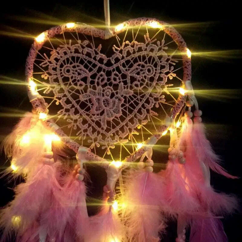 KIMLUD, LED Light Dream Catcher Handmade Deamcatcher Feathers Wall Hanging Decoration Romantic Valentine's Day Gift for Girlfriend, KIMLUD Womens Clothes