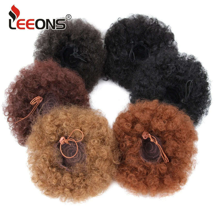 Leeons New Synthetic Short Afro Puff Hair Bun Afro Puff Drawstring Ponytail Blonde Pony Tail Clip In Hair Extension Kinky Puff - KIMLUD