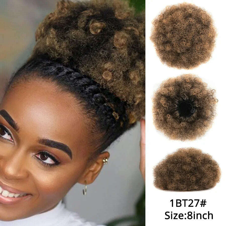 Leeons New Synthetic Short Afro Puff Hair Bun Afro Puff Drawstring Ponytail Blonde Pony Tail Clip In Hair Extension Kinky Puff - KIMLUD