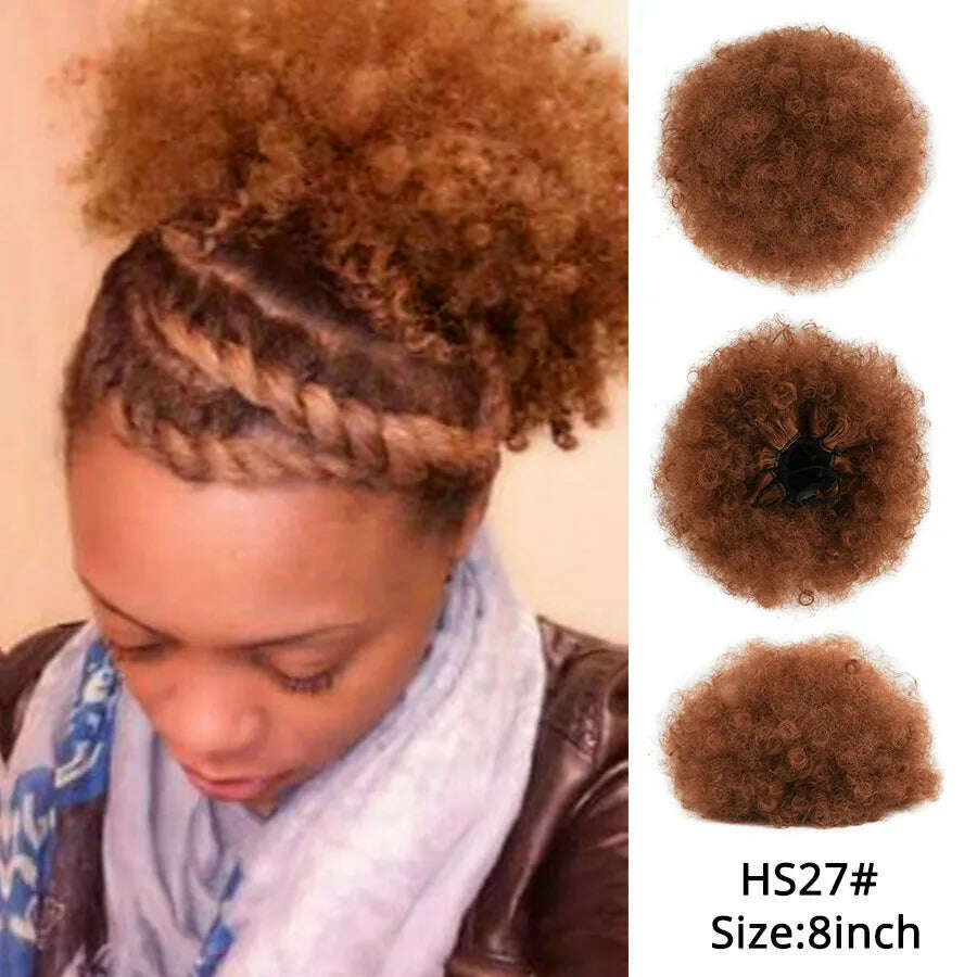 Leeons New Synthetic Short Afro Puff Hair Bun Afro Puff Drawstring Ponytail Blonde Pony Tail Clip In Hair Extension Kinky Puff - KIMLUD