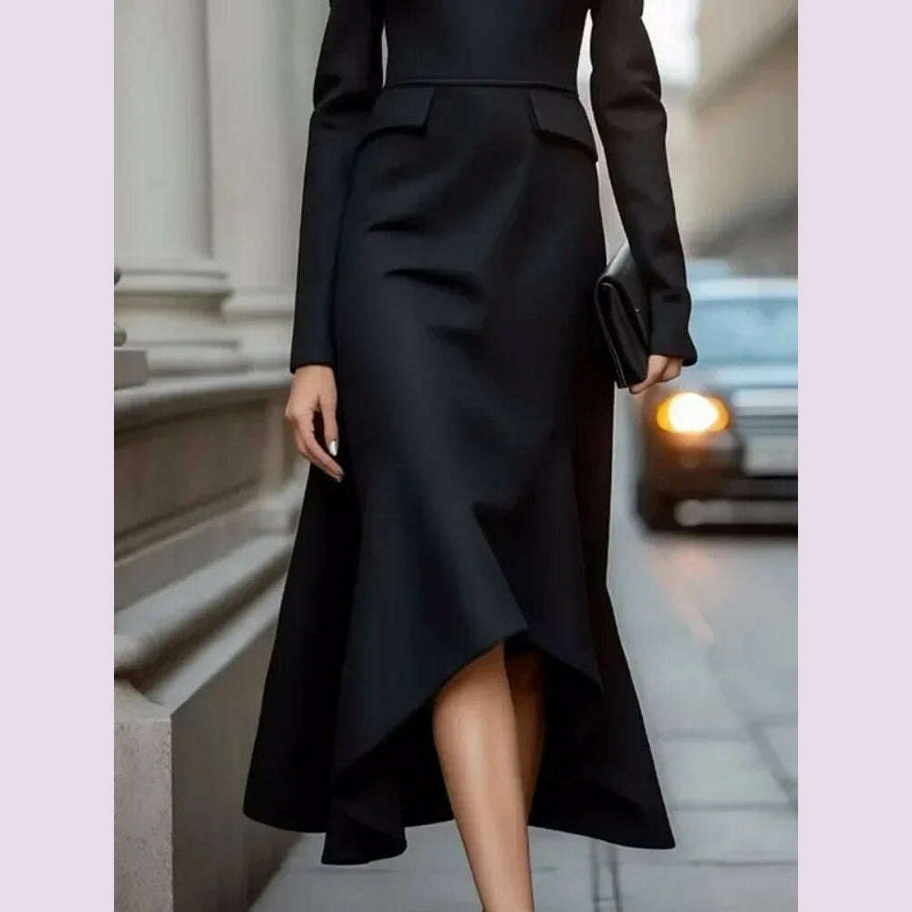 KIMLUD, Lemongor Black Color Asymmetrical High Neck Commute Dress For Women 2025 New Spring Long Sleeves A-line Party Evening Dresses, KIMLUD Womens Clothes