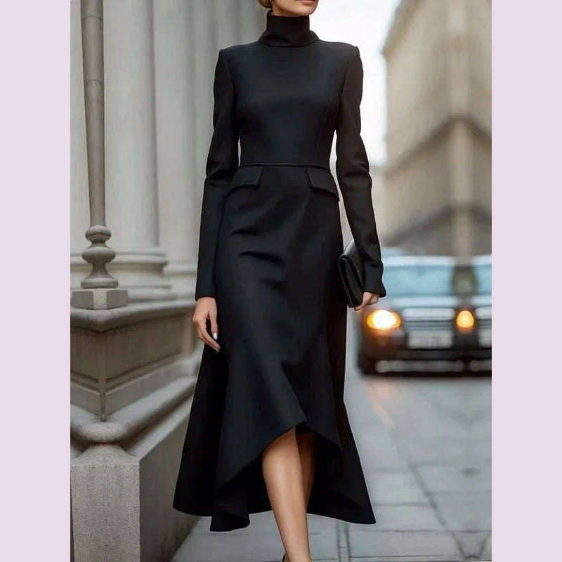 KIMLUD, Lemongor Black Color Asymmetrical High Neck Commute Dress For Women 2025 New Spring Long Sleeves A-line Party Evening Dresses, KIMLUD Womens Clothes