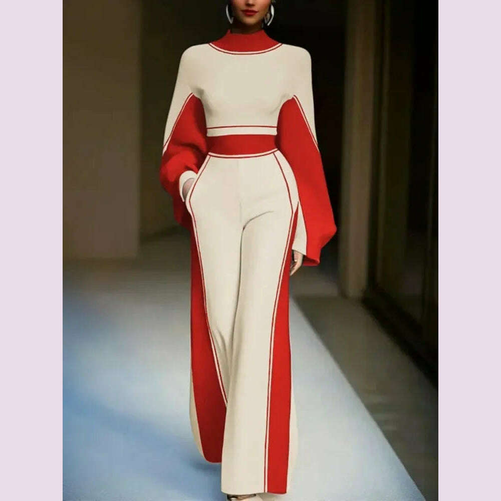 KIMLUD, Lemongor Urban Female Stylish Striped High Neck Long Sleeve Zipper Tops & Elastic High Waist Wide Leg Pants Suits Two Piece Sets, KIMLUD Womens Clothes