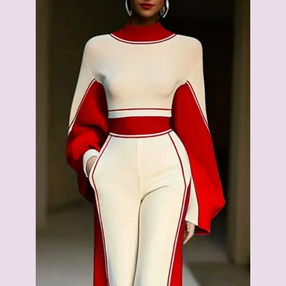 KIMLUD, Lemongor Urban Female Stylish Striped High Neck Long Sleeve Zipper Tops & Elastic High Waist Wide Leg Pants Suits Two Piece Sets, KIMLUD Womens Clothes