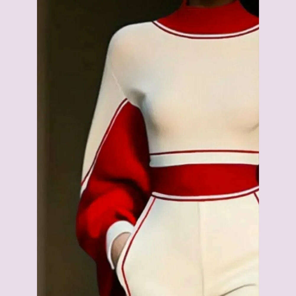 KIMLUD, Lemongor Urban Female Stylish Striped High Neck Long Sleeve Zipper Tops & Elastic High Waist Wide Leg Pants Suits Two Piece Sets, KIMLUD Womens Clothes