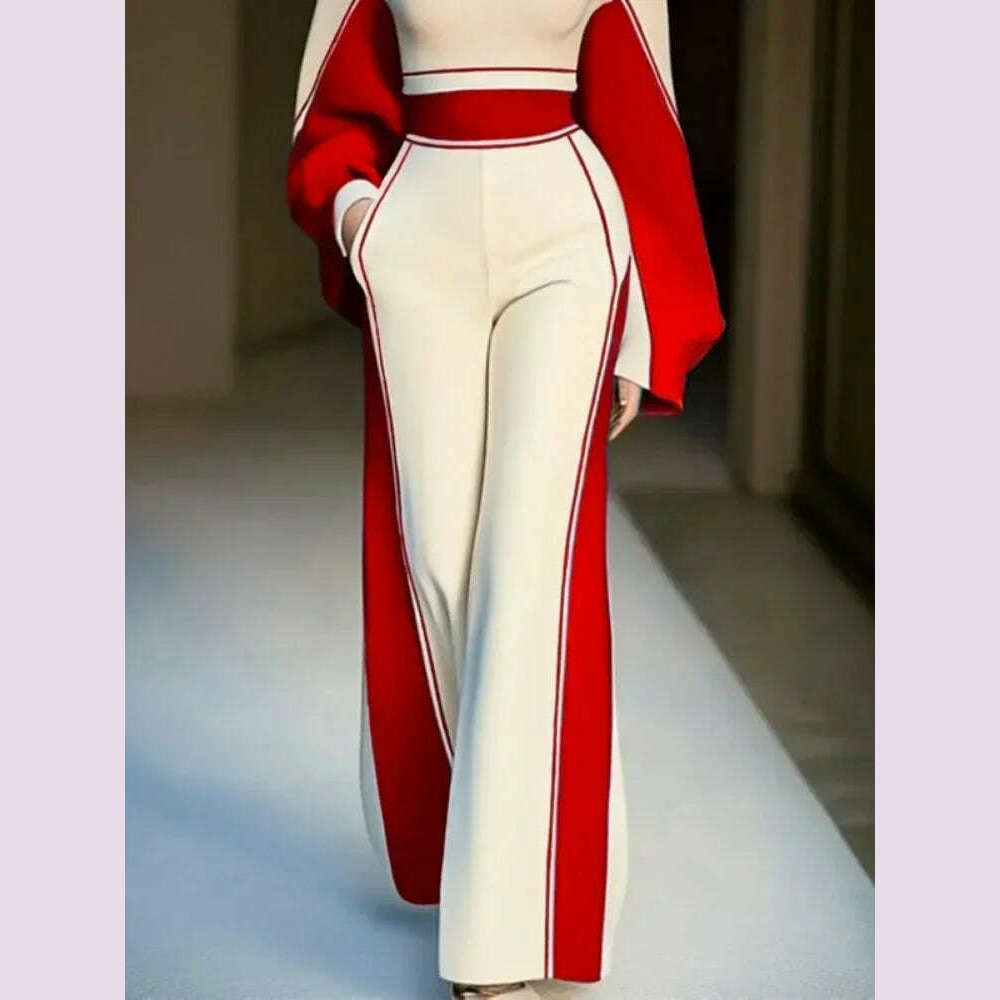 KIMLUD, Lemongor Urban Female Stylish Striped High Neck Long Sleeve Zipper Tops & Elastic High Waist Wide Leg Pants Suits Two Piece Sets, KIMLUD Womens Clothes