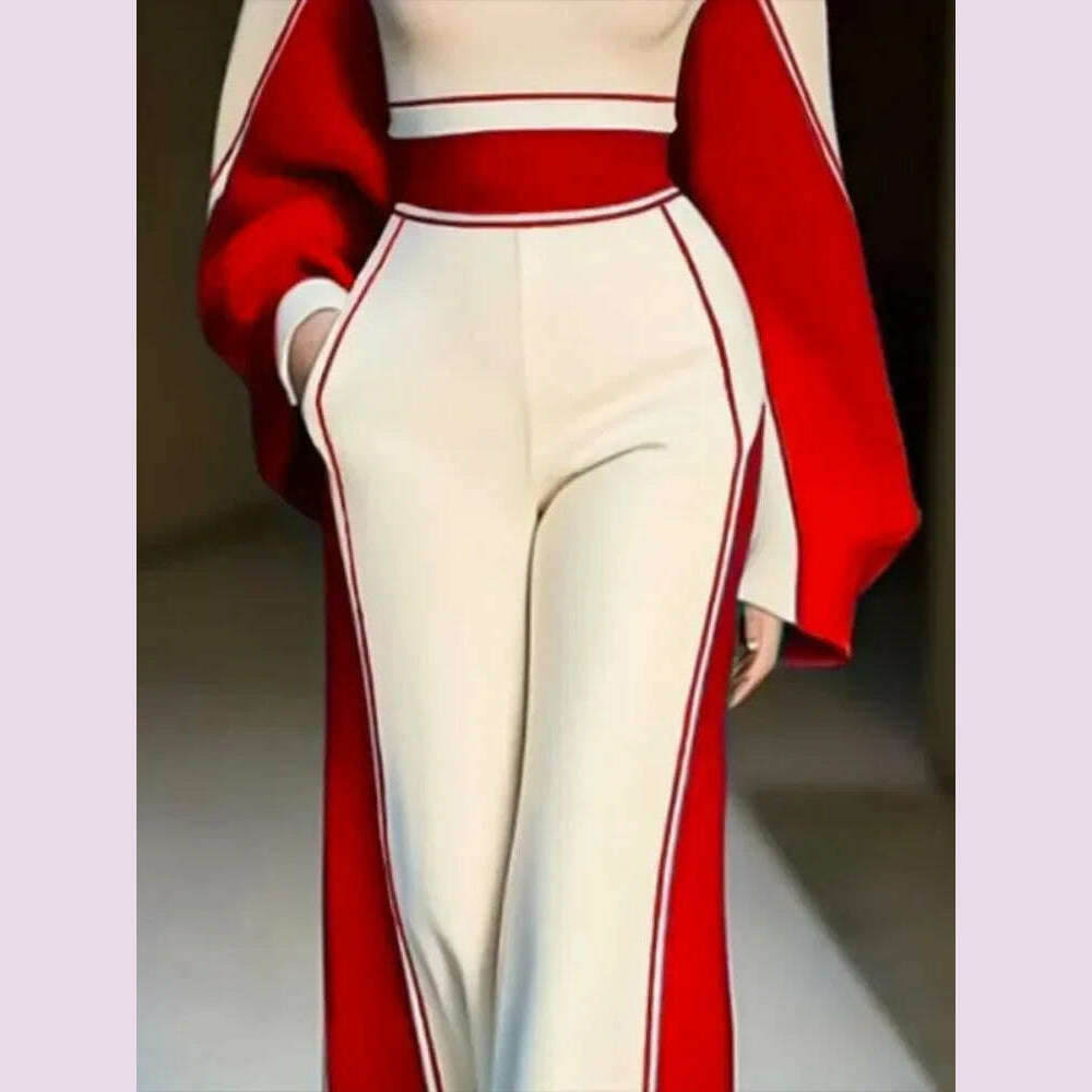 KIMLUD, Lemongor Urban Female Stylish Striped High Neck Long Sleeve Zipper Tops & Elastic High Waist Wide Leg Pants Suits Two Piece Sets, KIMLUD Womens Clothes