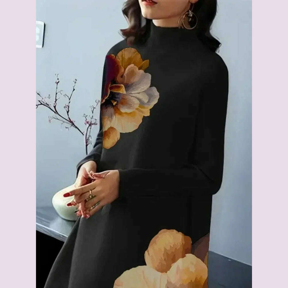 KIMLUD, Lemongor Vintage Elegant Flower Printed Party Evening Midi Dresses Women Spring Autumn Long Sleeves High-neck Black Church Dress, KIMLUD Womens Clothes