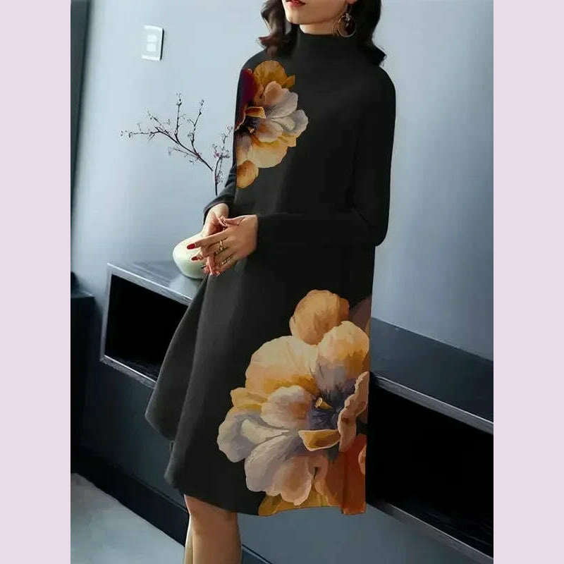 KIMLUD, Lemongor Vintage Elegant Flower Printed Party Evening Midi Dresses Women Spring Autumn Long Sleeves High-neck Black Church Dress, KIMLUD Womens Clothes