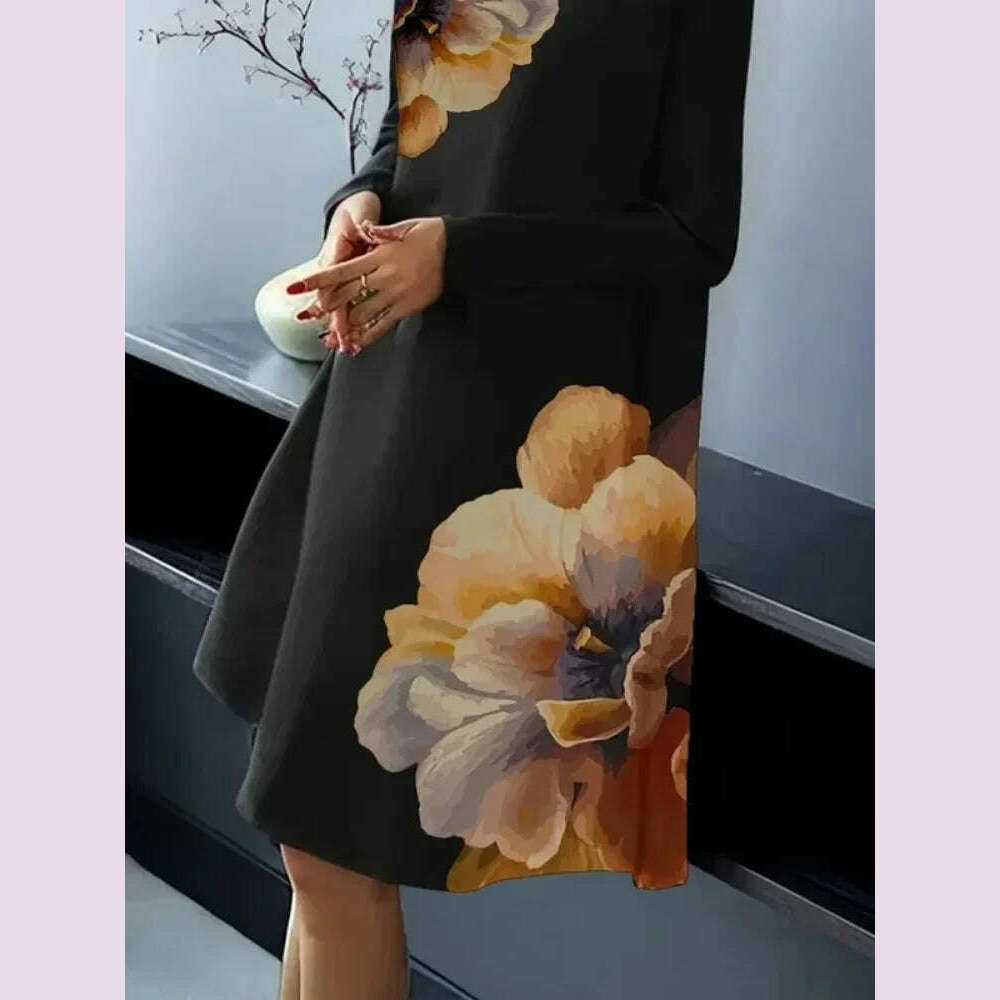 KIMLUD, Lemongor Vintage Elegant Flower Printed Party Evening Midi Dresses Women Spring Autumn Long Sleeves High-neck Black Church Dress, BLACK / M, KIMLUD APPAREL - Womens Clothes