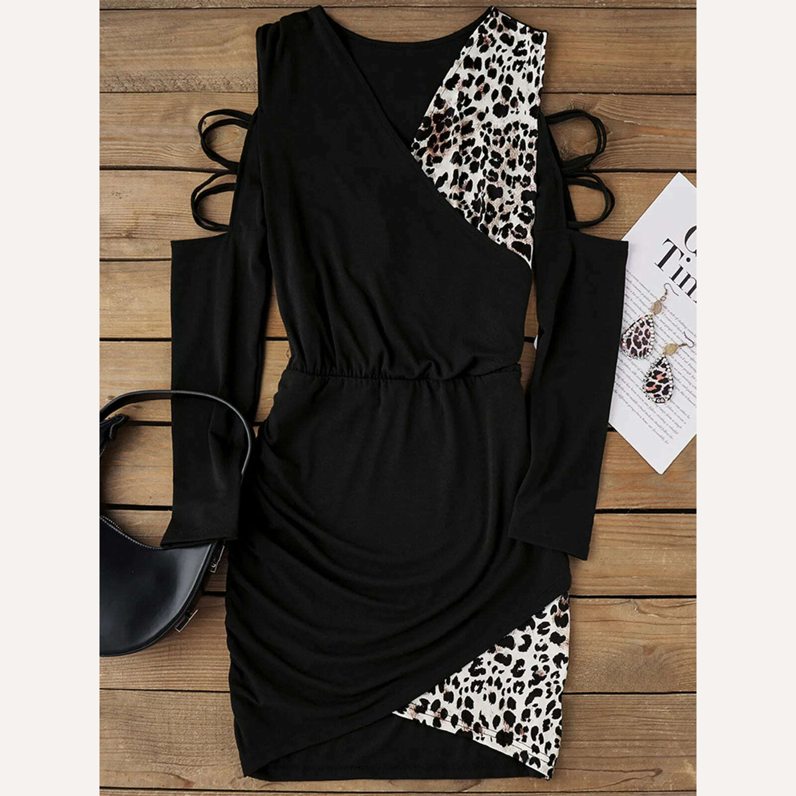 KIMLUD, Leopard Ruched Wrap Criss-Cross Cold Shoulder Bodycon Dress V-Neck Sexy Women Fashion Elegant Skirt Long Sleeve Vacation Clothes, KIMLUD Womens Clothes