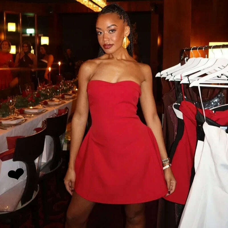 KIMLUD, Leosoxs Black White Patchwork Dress Women 2025 Y2K Trend Slash Neck Backless Sweet Girl Chic Ruched Mini Bodycon Streetwear, Red / M, KIMLUD APPAREL - Womens Clothes