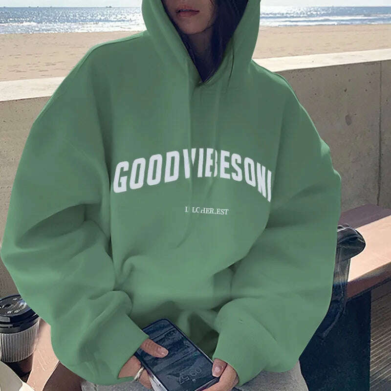 KIMLUD, Letter Print Women Hoodies Autumn Winter Fleece Casual Loose Hooded Sweatshirt Womens Oversize Pullover Vintage Warm Hoody Tops, Green 2 / M, KIMLUD APPAREL - Womens Clothes