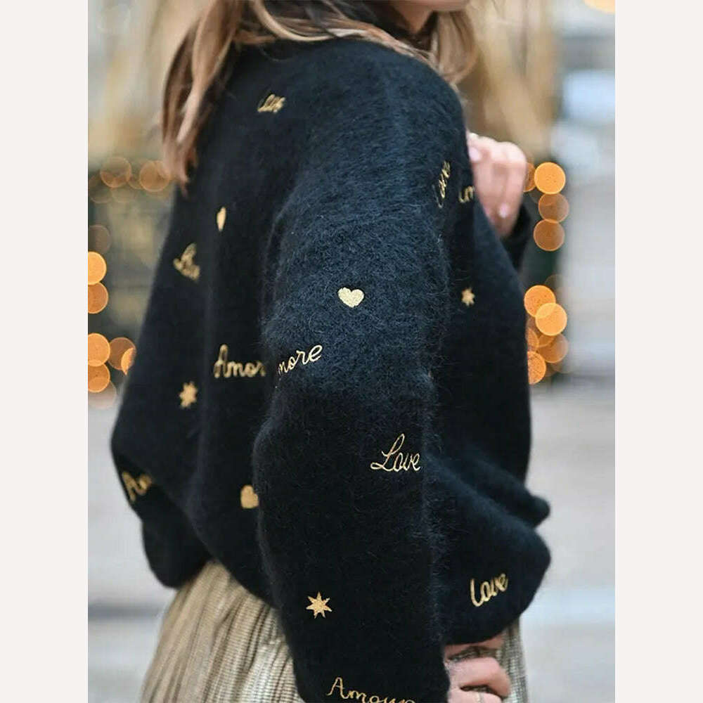 KIMLUD, Letter Printed Chic Knitted Pullover For Women Fashion O Neck Long Sleeve Loose Sweater 2024 Spring Female Causal Street Jumper, KIMLUD Womens Clothes