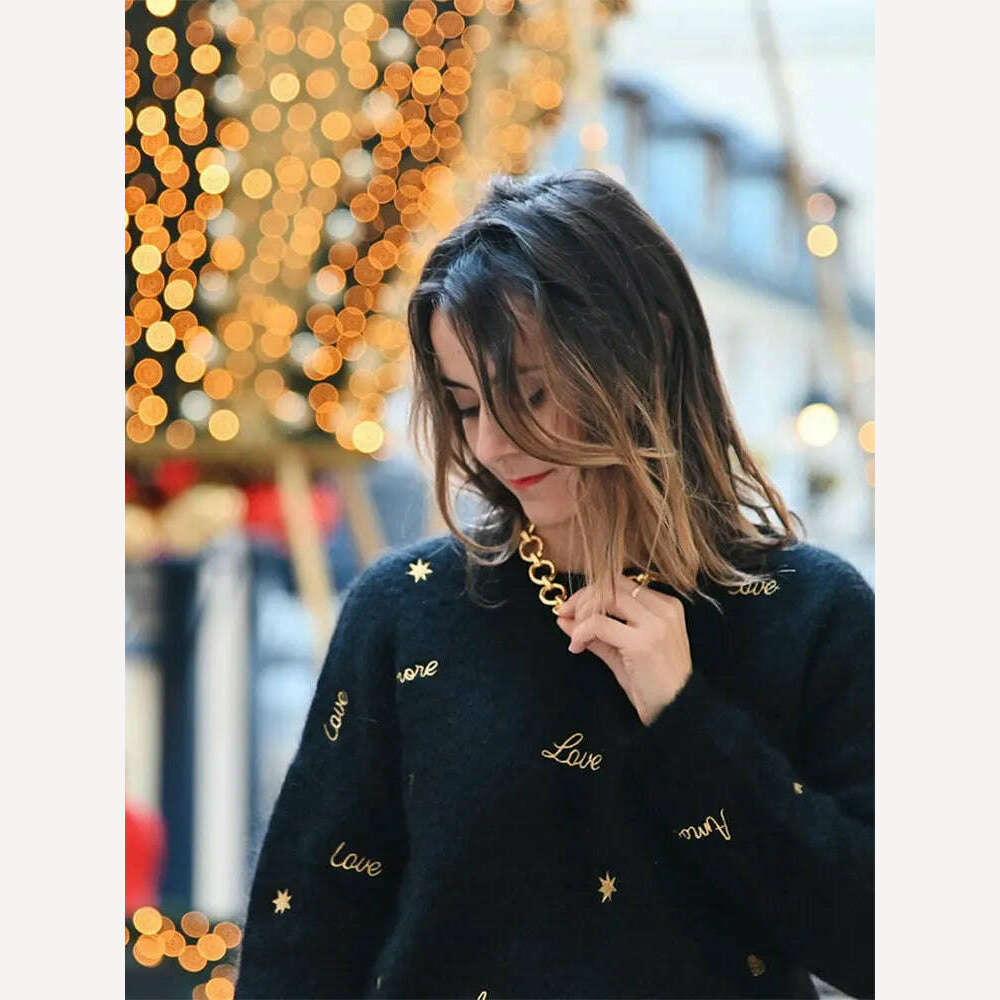 KIMLUD, Letter Printed Chic Knitted Pullover For Women Fashion O Neck Long Sleeve Loose Sweater 2024 Spring Female Causal Street Jumper, KIMLUD Womens Clothes