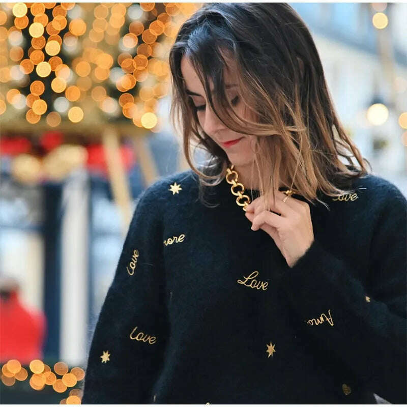 KIMLUD, Letter Printed Chic Knitted Pullover For Women Fashion O Neck Long Sleeve Loose Sweater 2024 Spring Female Causal Street Jumper, KIMLUD Womens Clothes