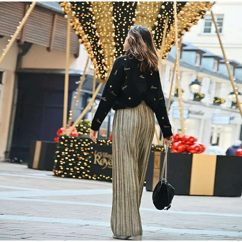 KIMLUD, Letter Printed Chic Knitted Pullover For Women Fashion O Neck Long Sleeve Loose Sweater 2024 Spring Female Causal Street Jumper, KIMLUD Womens Clothes