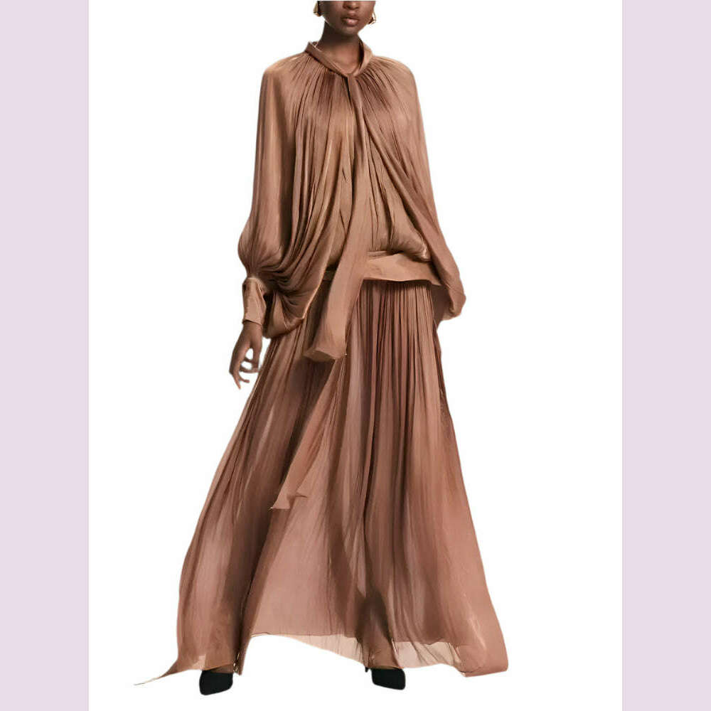 KIMLUD, LGRQ Elegant Dress Lace-up Spliced Solid Color High Waist Folds Lantern Sleeve O Neck Women's Dresses 2025 Spring New 19D322, KIMLUD Womens Clothes