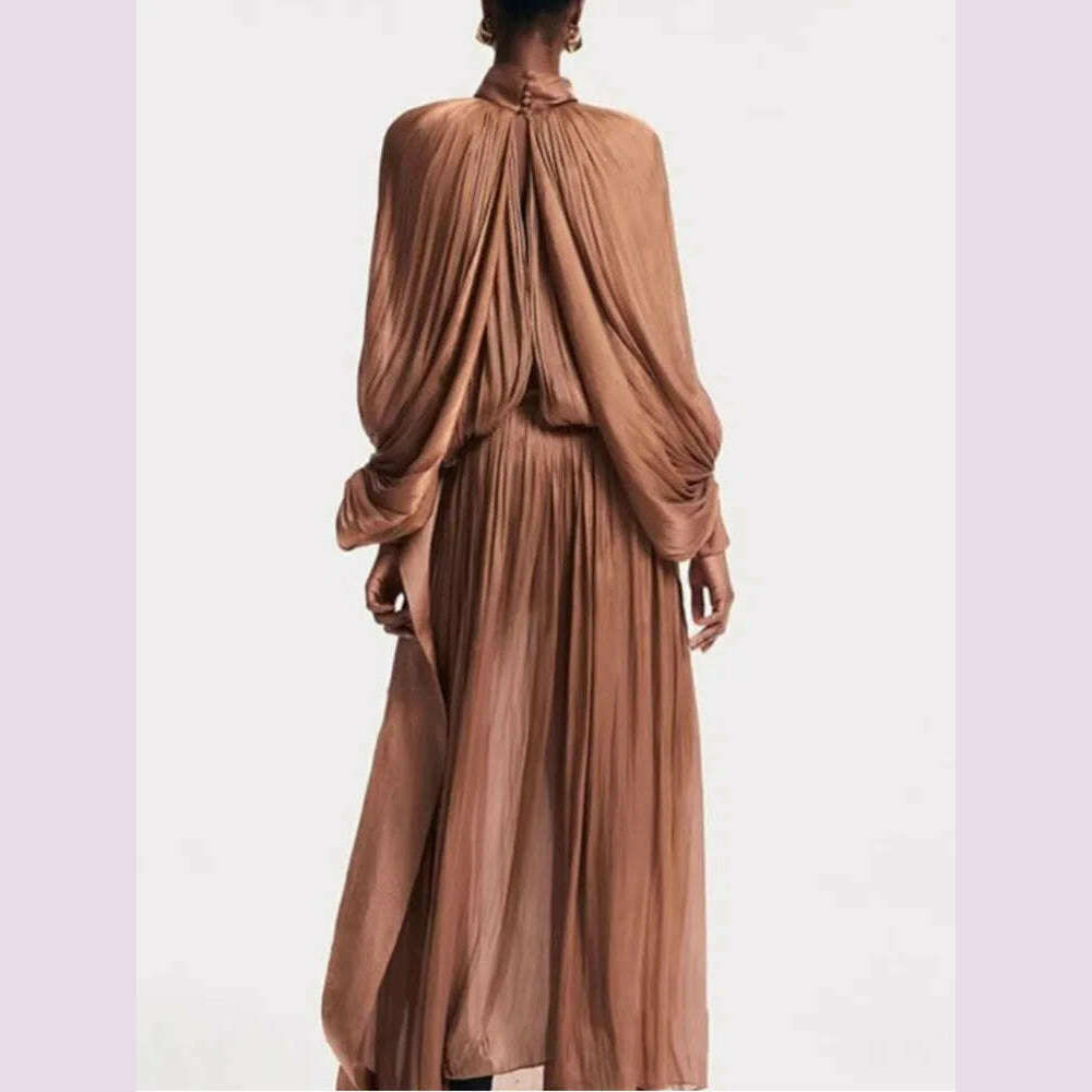 KIMLUD, LGRQ Elegant Dress Lace-up Spliced Solid Color High Waist Folds Lantern Sleeve O Neck Women's Dresses 2025 Spring New 19D322, KIMLUD Womens Clothes