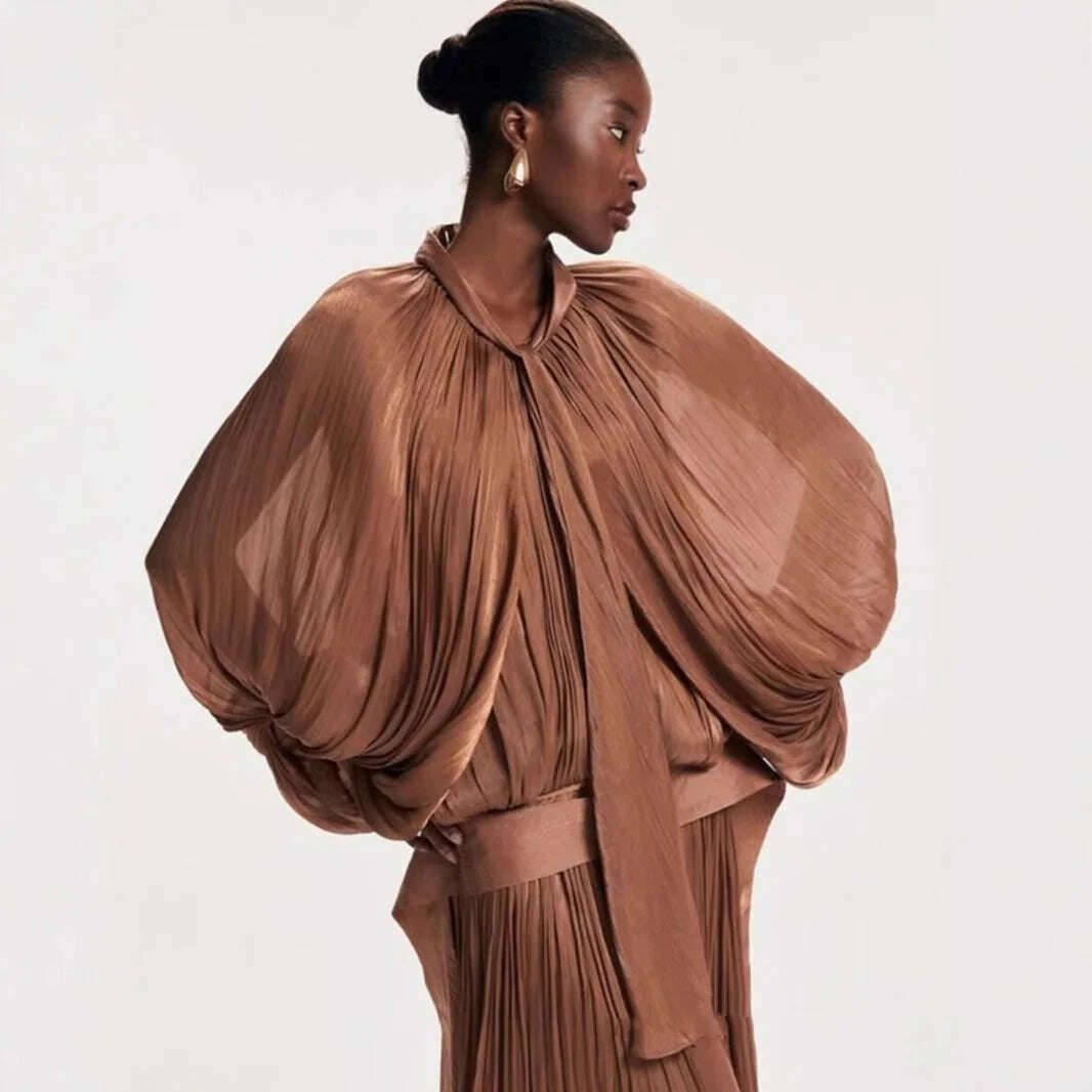 KIMLUD, LGRQ Elegant Dress Lace-up Spliced Solid Color High Waist Folds Lantern Sleeve O Neck Women's Dresses 2025 Spring New 19D322, KIMLUD Womens Clothes