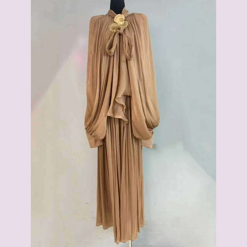 KIMLUD, LGRQ Elegant Dress Lace-up Spliced Solid Color High Waist Folds Lantern Sleeve O Neck Women's Dresses 2025 Spring New 19D322, Coffee / L, KIMLUD APPAREL - Womens Clothes