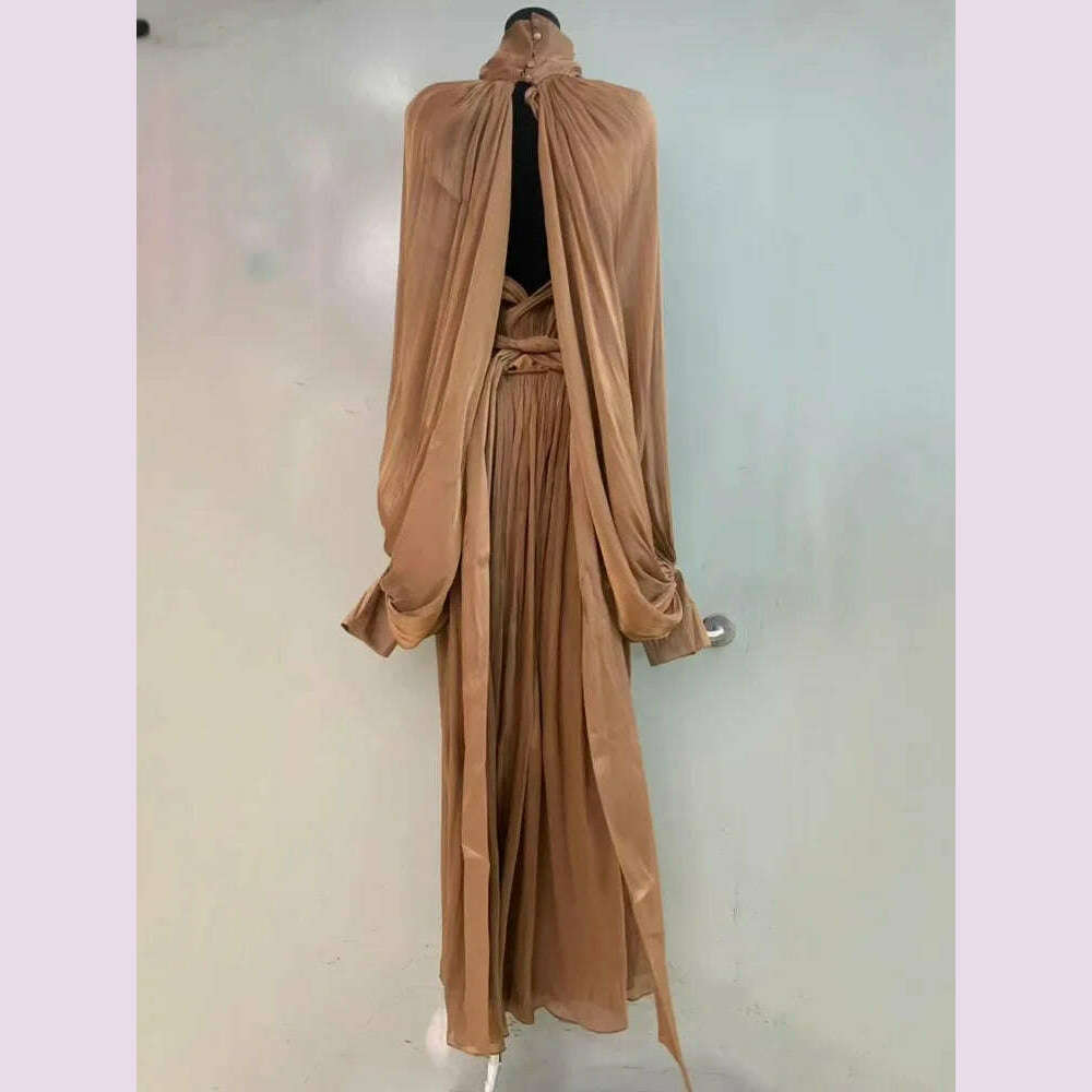 KIMLUD, LGRQ Elegant Dress Lace-up Spliced Solid Color High Waist Folds Lantern Sleeve O Neck Women's Dresses 2025 Spring New 19D322, KIMLUD Womens Clothes