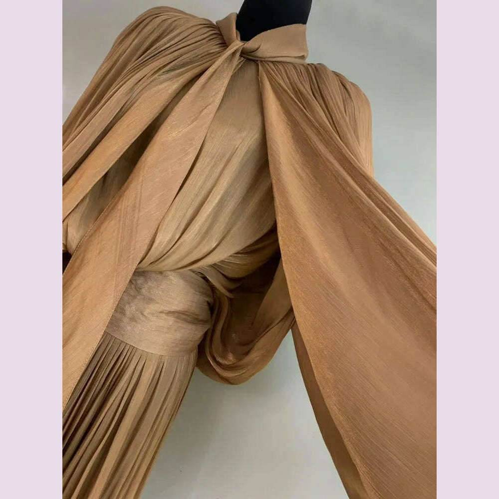 KIMLUD, LGRQ Elegant Dress Lace-up Spliced Solid Color High Waist Folds Lantern Sleeve O Neck Women's Dresses 2025 Spring New 19D322, KIMLUD Womens Clothes