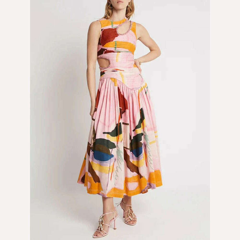 LGRQ Trendy Tie-dyed Printed Irregular Hollow Out Design Women's Long Sleeveless Dresses 2024 New Fashion Elegant Dress 19F1380 - KIMLUD