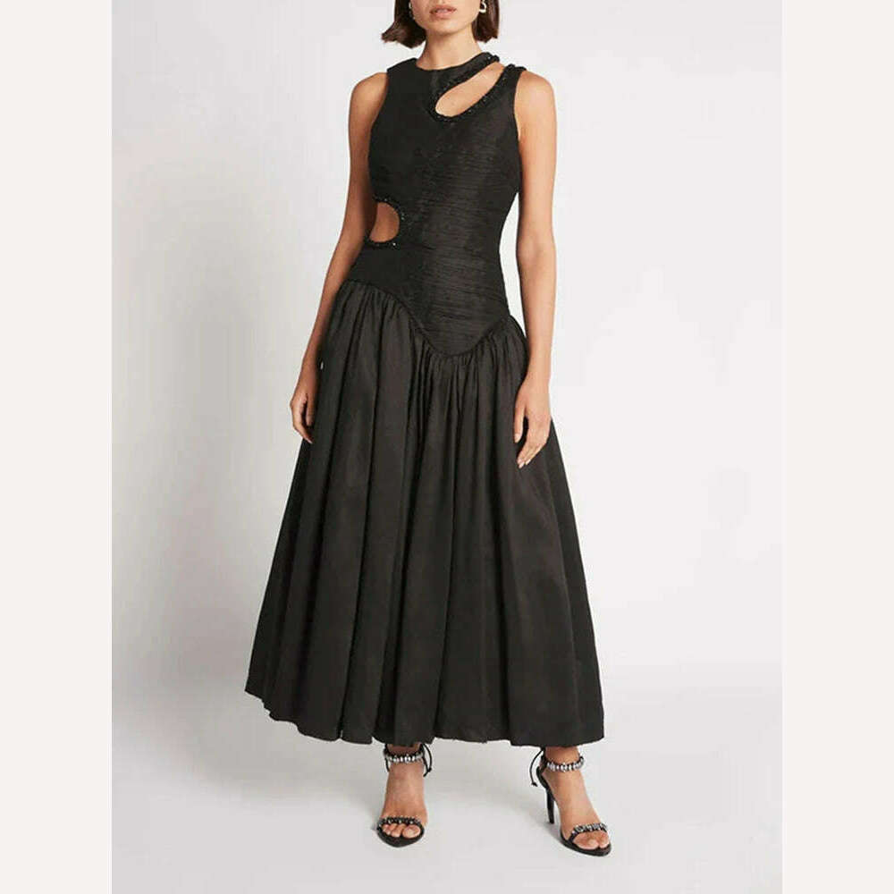 KIMLUD, LGRQ Trendy Tie-dyed Printed Irregular Hollow Out Design Women's Long Sleeveless Dresses 2024 New Fashion Elegant Dress 19F1380, Black / M, KIMLUD Womens Clothes