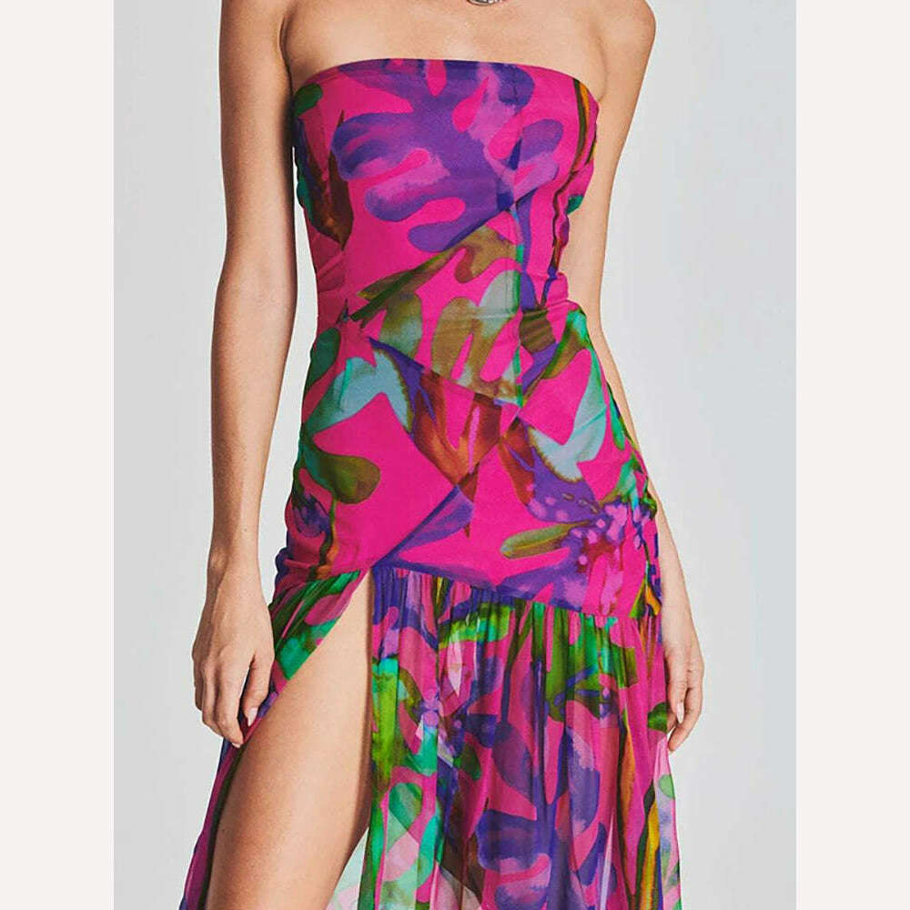 KIMLUD, LGRQ Women's Fashion Dress Slash Neck Sleeveless Pleated Backless Split Print Female Party Dresses Summer 2024 New 13DB2520, KIMLUD Womens Clothes
