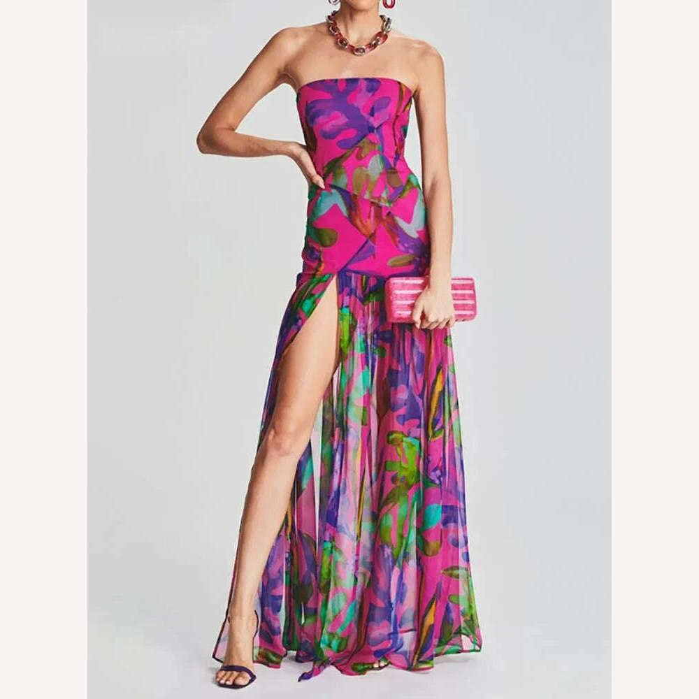 KIMLUD, LGRQ Women's Fashion Dress Slash Neck Sleeveless Pleated Backless Split Print Female Party Dresses Summer 2024 New 13DB2520, KIMLUD Womens Clothes