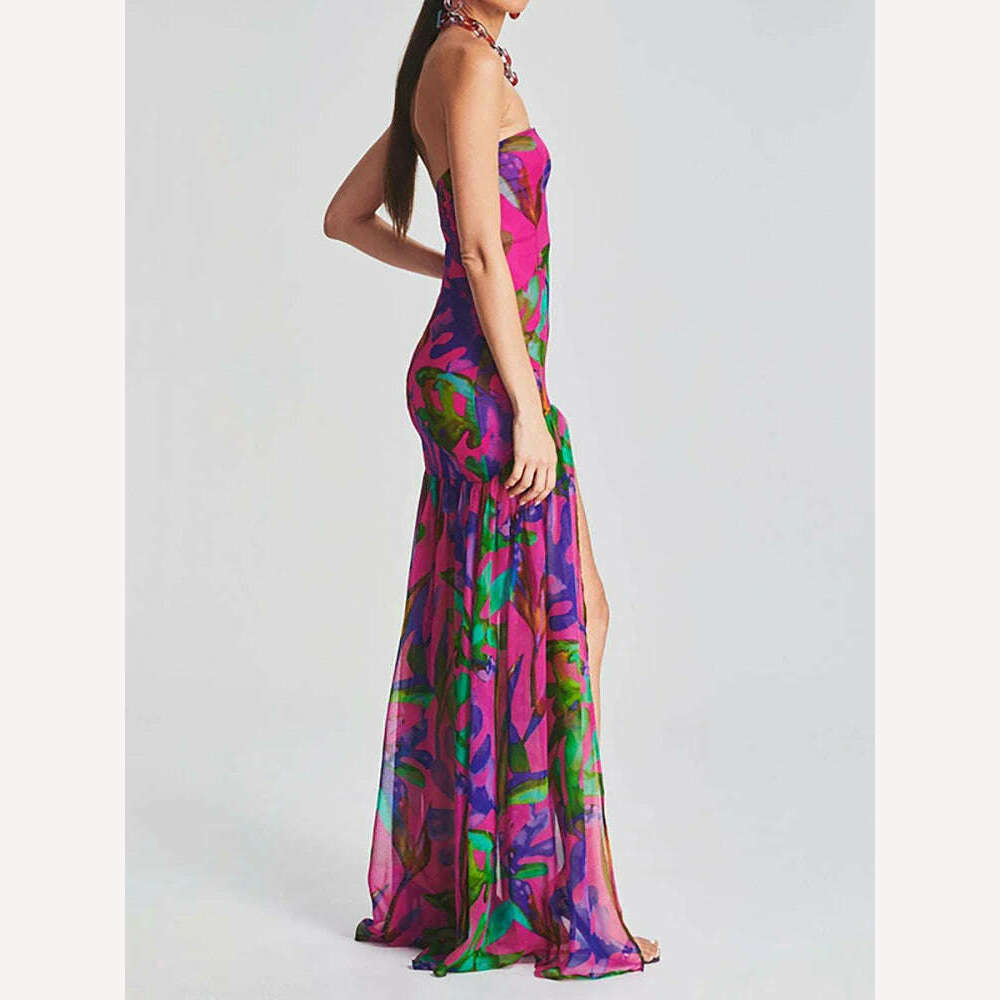 KIMLUD, LGRQ Women's Fashion Dress Slash Neck Sleeveless Pleated Backless Split Print Female Party Dresses Summer 2024 New 13DB2520, KIMLUD Womens Clothes