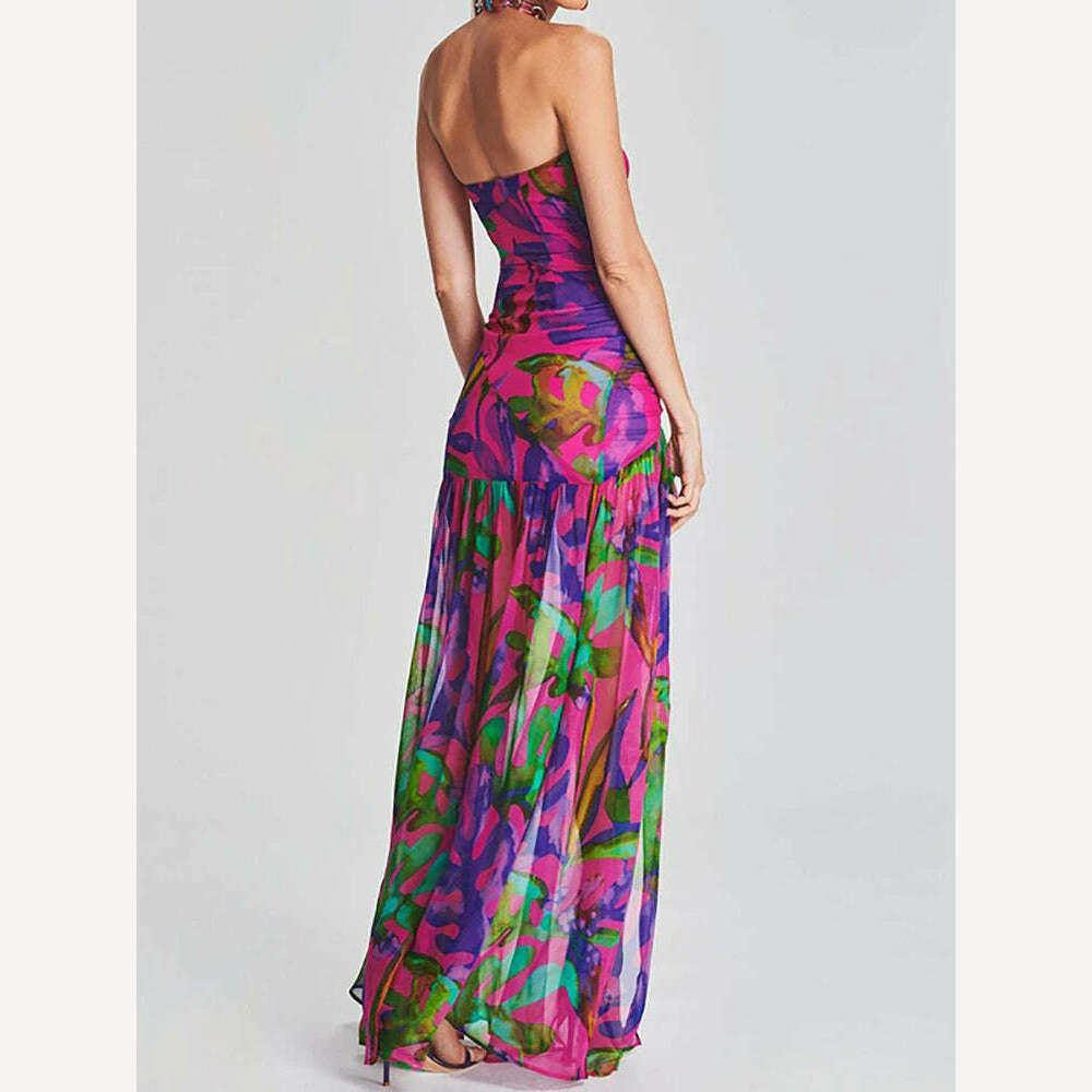 KIMLUD, LGRQ Women's Fashion Dress Slash Neck Sleeveless Pleated Backless Split Print Female Party Dresses Summer 2024 New 13DB2520, KIMLUD Womens Clothes