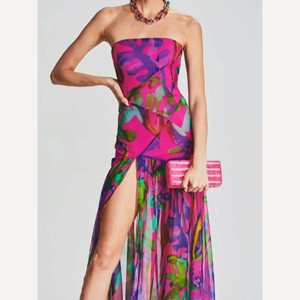 KIMLUD, LGRQ Women's Fashion Dress Slash Neck Sleeveless Pleated Backless Split Print Female Party Dresses Summer 2024 New 13DB2520, KIMLUD Womens Clothes